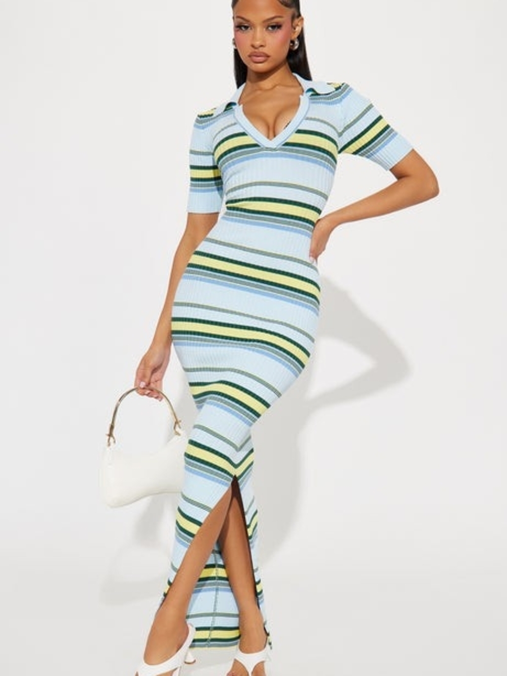 Fashion Nova Striped Ribbed Maxi Dress in Light Blue, Green & Navy